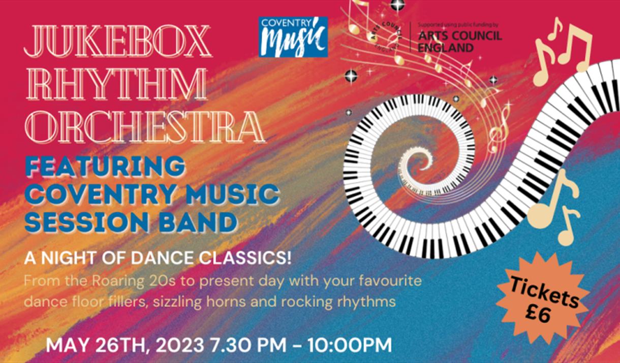 Coventry Music & Jukebox Rhythm jazz concert colourful flyer