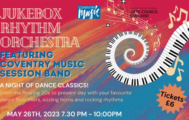 Coventry Music & Jukebox Rhythm jazz concert colourful flyer