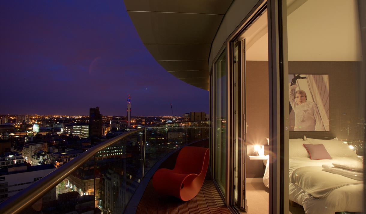 Enjoy panoramic city views from the comfort of your Staying Cool kingsize bed at Rotunda Birmingham