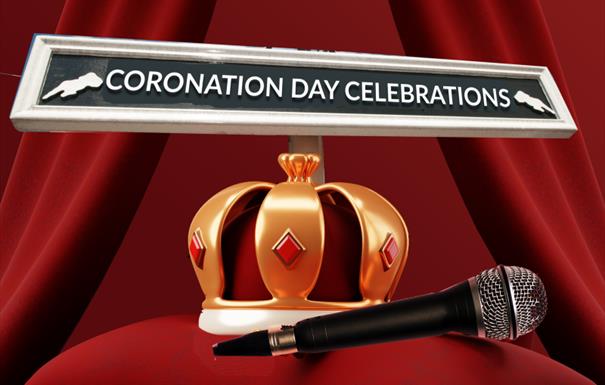 Graphic of crown and microphone in front of sign promoting 'Coronation Day Celebrations'