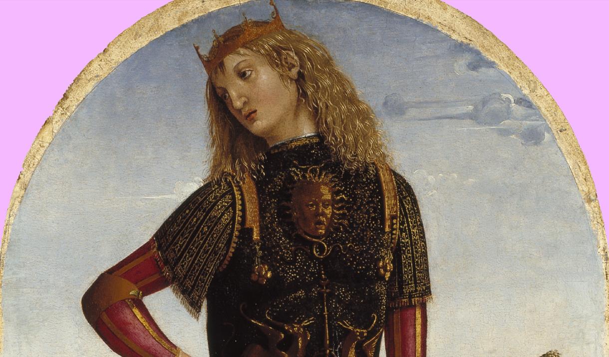 Top section of 'Alexander the Great' painting - he wears a gold crown and black, gold and red clothes against a blue sky.
