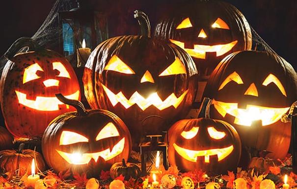 Graphic showing Jack o Lanterns lit up for halloween