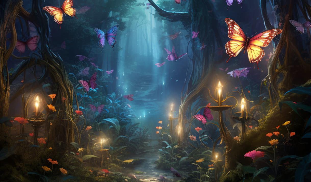 A drawing of a magical woodland bathed in moonlight with pretty flowers and butterflies all around