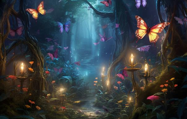 A drawing of a magical woodland bathed in moonlight with pretty flowers and butterflies all around