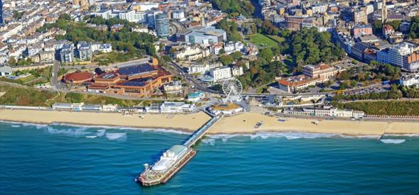 An aerial view of the Bournemouth town center, encompassing the glorious beach, big wheel and entertainment complex at BH2.