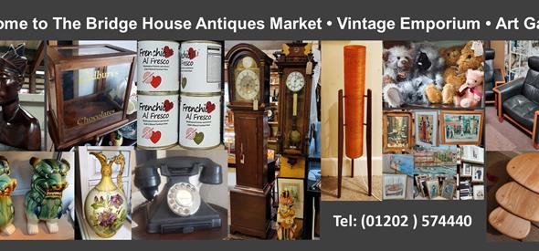A collage of images from the emporium with the text: 'Welcome to The Bridge House Antiques Market - Vintage Emporium - tel: (01202) 574440