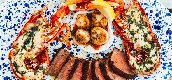 Surf and turf on blue plate