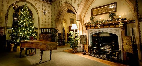 Beautiful old house with fireplace, Christmas tree and piano