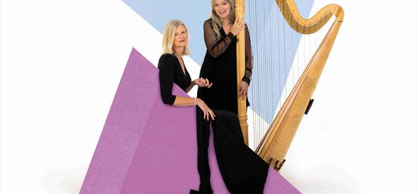 Two musicians are stood behind graphic triangles and to the right of them is a harp.