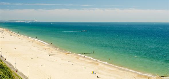 Fishermans walk beach from the overcliff on a clear summers day