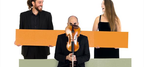 Two musicians look at each other as they hold up graphic rectangles, in front of this a BSO musician is crouched, partially covering his face with a v