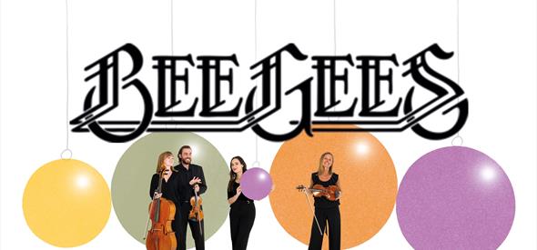 The Bee Gees logo is at the top of the screen and below that there are several coloured circle graphics, with BSO musicians stood in front, holding th