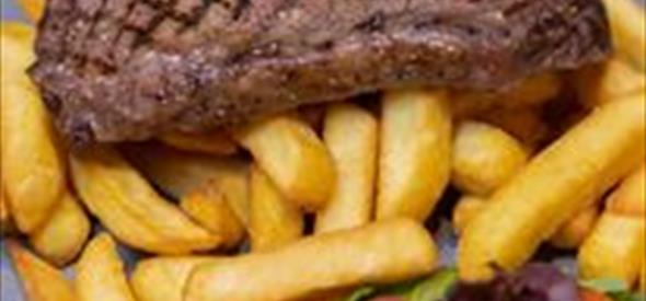 Steak, chips and salad