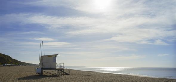beach, sandy beach, blue sky, sand, white lifeguard tower, white tower, lifeguard tower