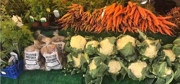 image of farmers market table with carrots, cauliflower, potatoes