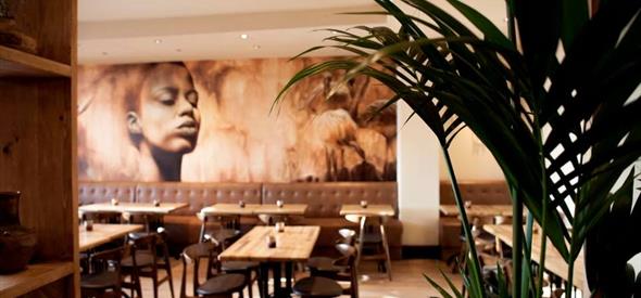 Interior of restaurant with brown tones and plant in foreground.