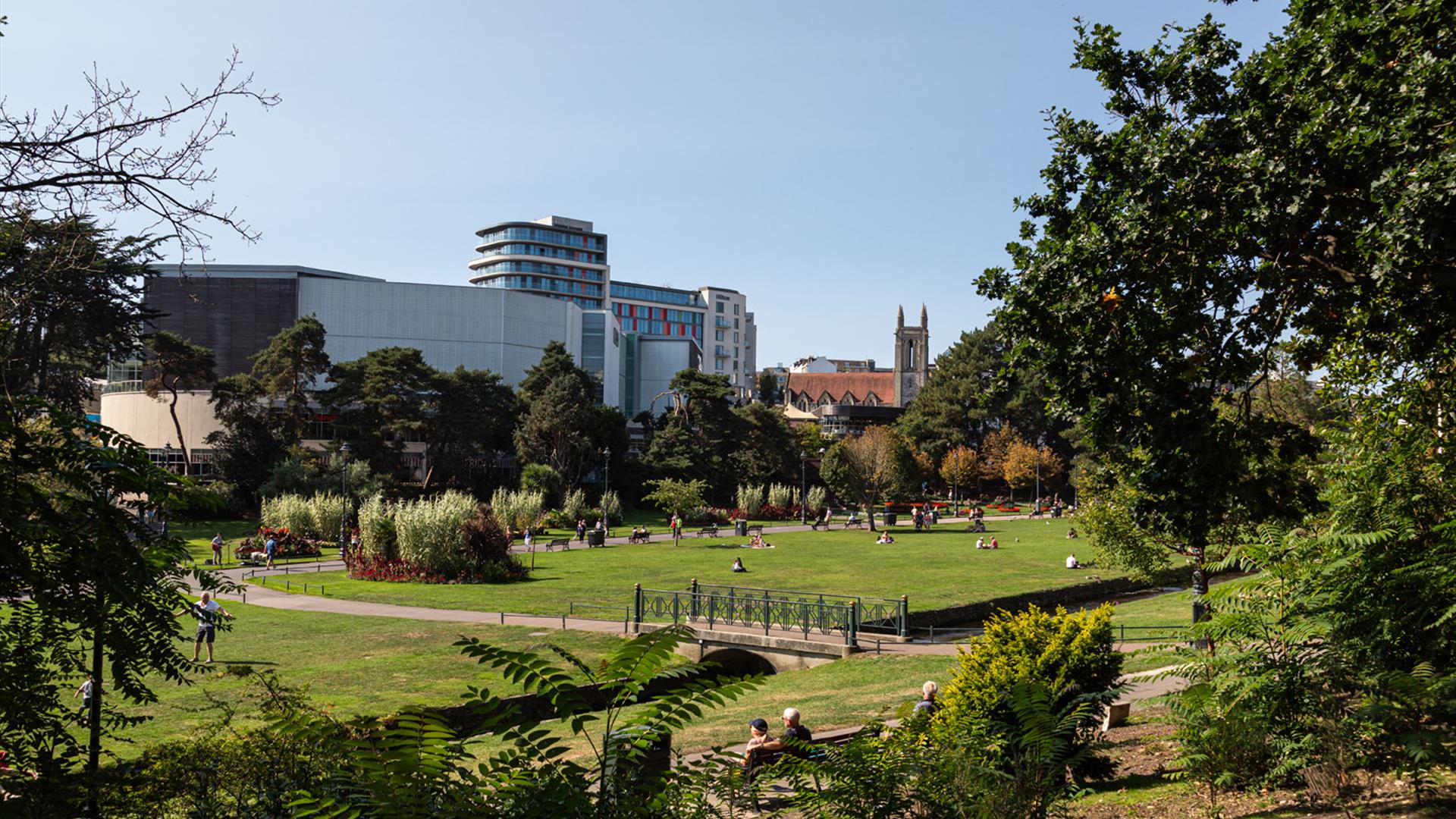 Visitors Bournemouth lower gardens with BH2 in the background