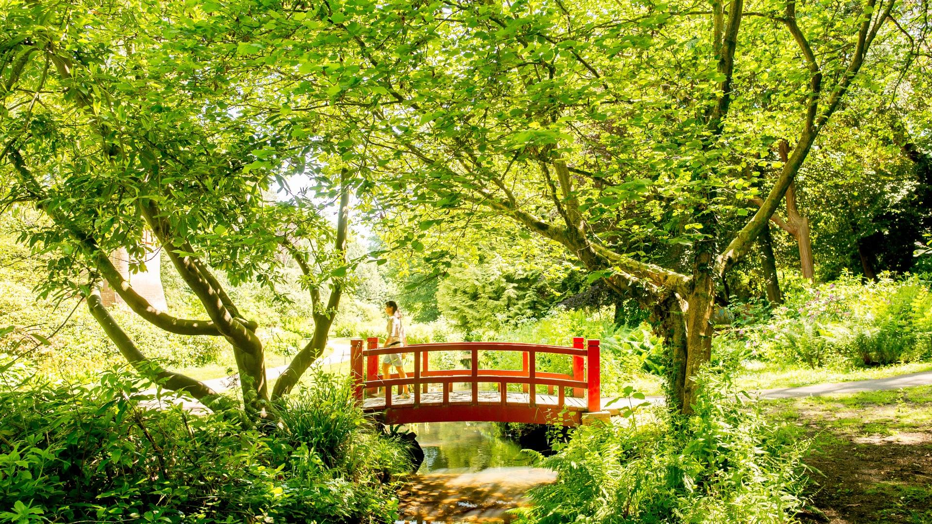 Red bridge found in Bournemouth gardens with woman walking over during a sunny day