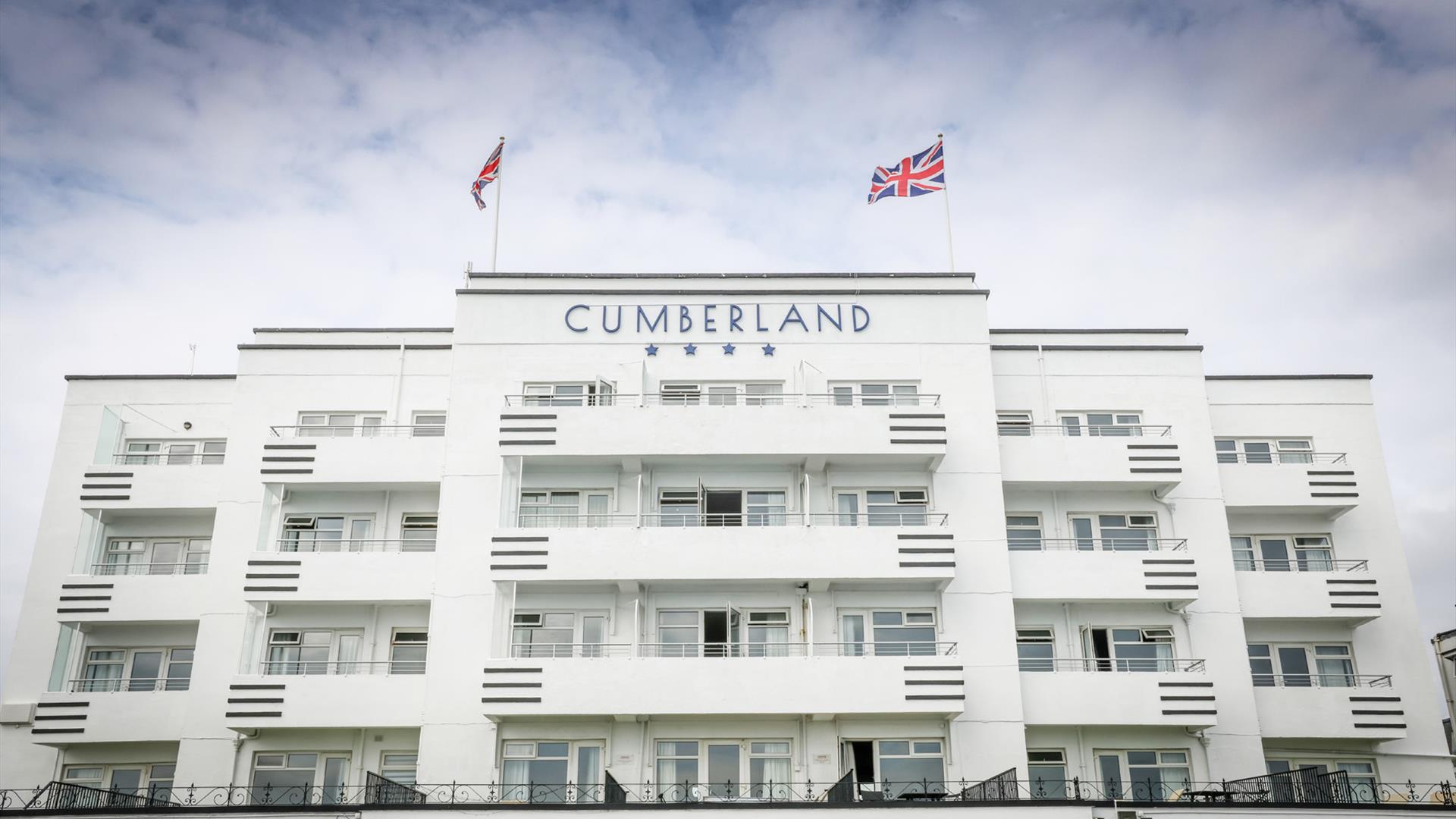 Exterior shot of the white cumberland hotel towering in the sky