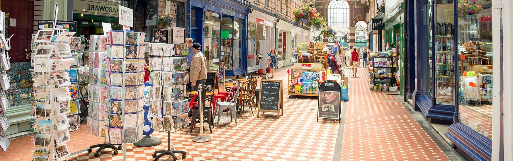 Westbourne shopping arcade showcasing goods and shops for keen Bournemouth shoppers