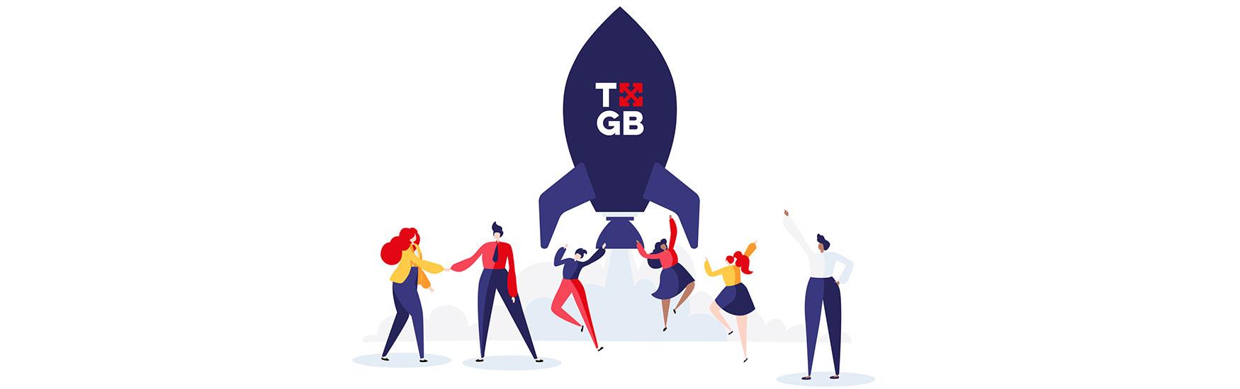 Six human cartoon figures celebrating the take-off of a blue rocket with the TXGB logo on.
