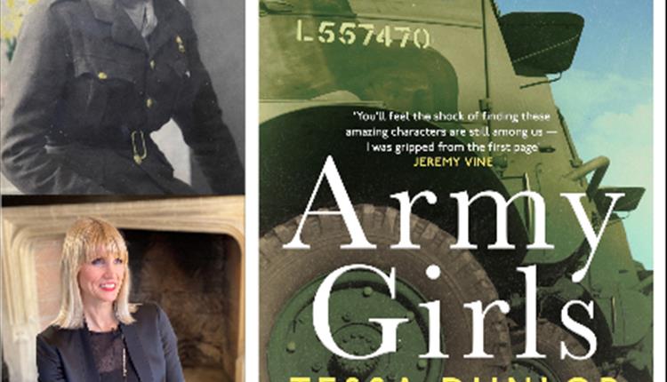 Image split in three, on the right hand side, a cover of the army girls book, which has a green truck on it. Top left hand corner there is an image of