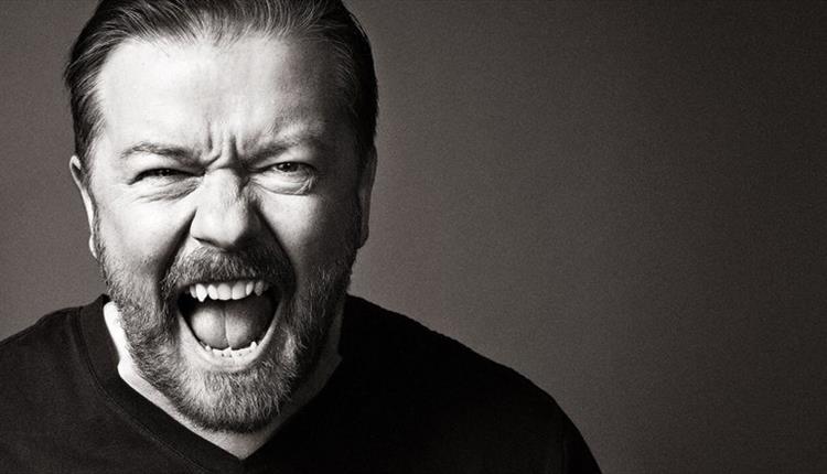 A black and white picture of Ricky Gervais