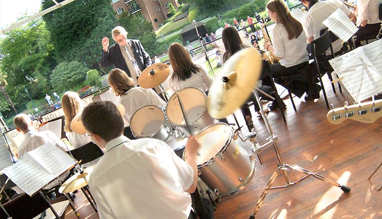 Bandstand in the Lower Gardens with a band