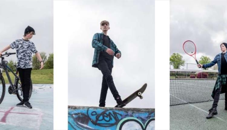 Three images of boys doing activities such as cycling, skateboarding and tennis