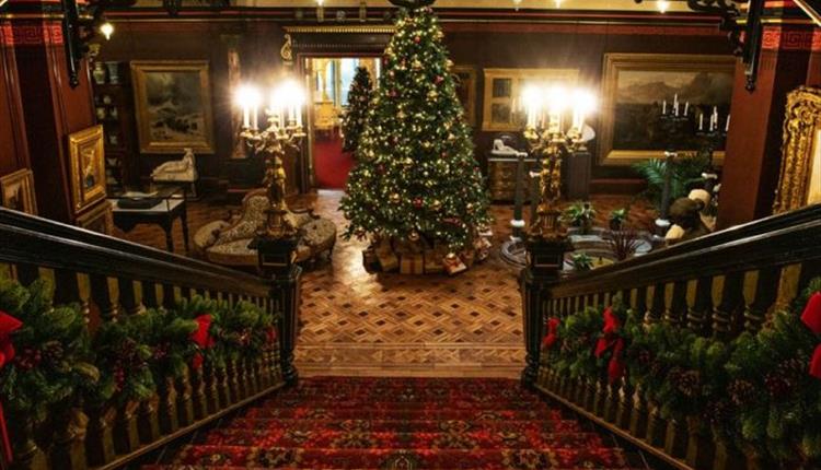 Christmas Tree at the bottom of the carpeted stairs in Russell-Cotes