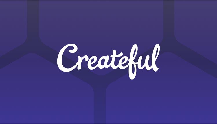 Purple background with white createful written on it.