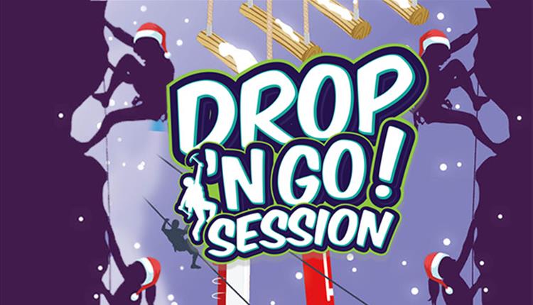 Image of silhouettes on a climbing wall wearing santa hats with the wording 'Christmas Drop n' Go! session'