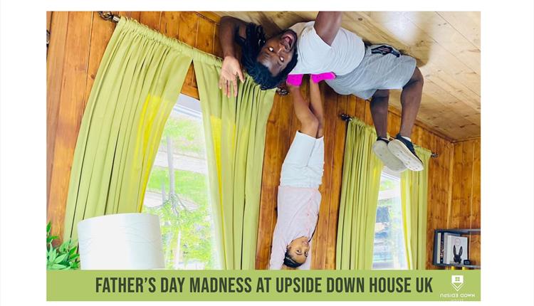 Father's Day Madness at Upside Down House UK. Man on the ceiling with his daughter in a wooden style