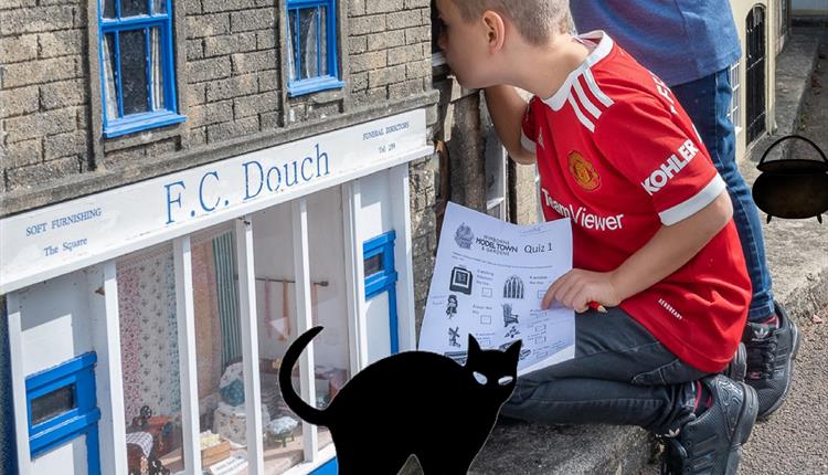 A child pictured next to a cat and holding a quiz