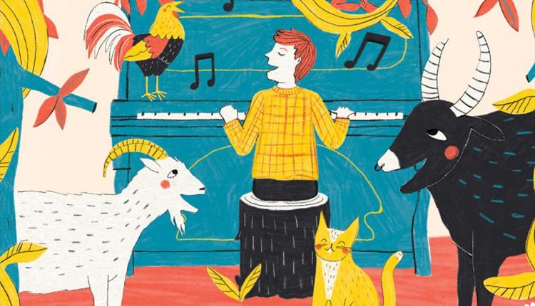 Drawn image of a young boy at a piano with animals surrounding him