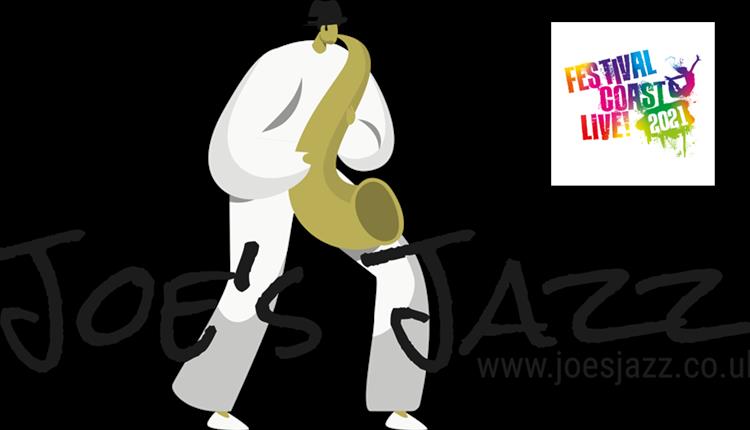 Logo on white background with cartoon jazz player