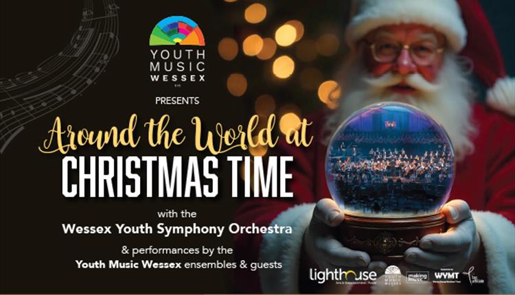 Santa holding a snow globe ,which contains the Wessex Youth Symphony Orchestra