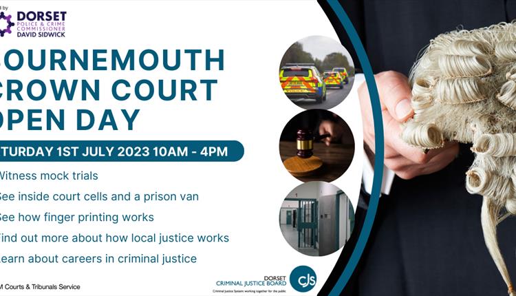 Image of barristers wig and details of Bournemouth Crown Court Open Day - a free fun day of interactive and informative events