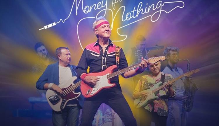 Money for Nothing playing guitars on a colorful blue, pink, and yellow background