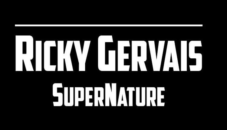 Ricky Gervais SuperNature white text on black background in Godfather style font