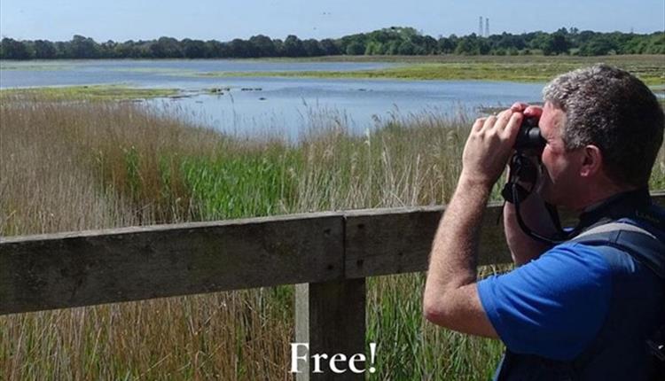 Picture of a man using binoculars looking across Holes Bay