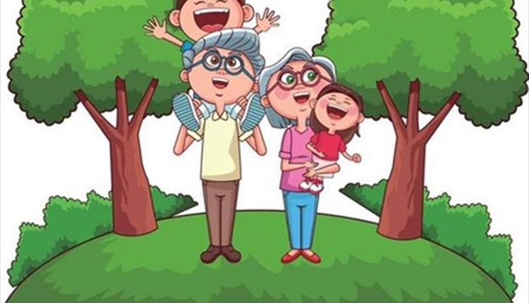 Cartoon picture of two adults with grey hair holding children with trees in the background