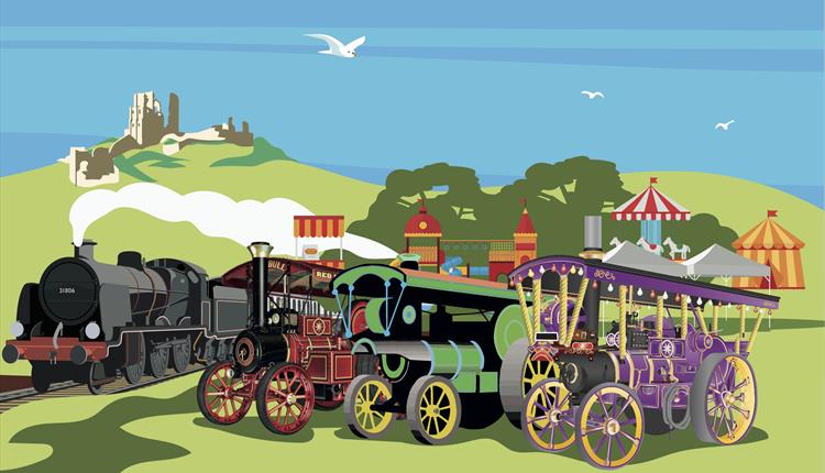 Beautiful illustration of the Road to Rail event vehicles and activities