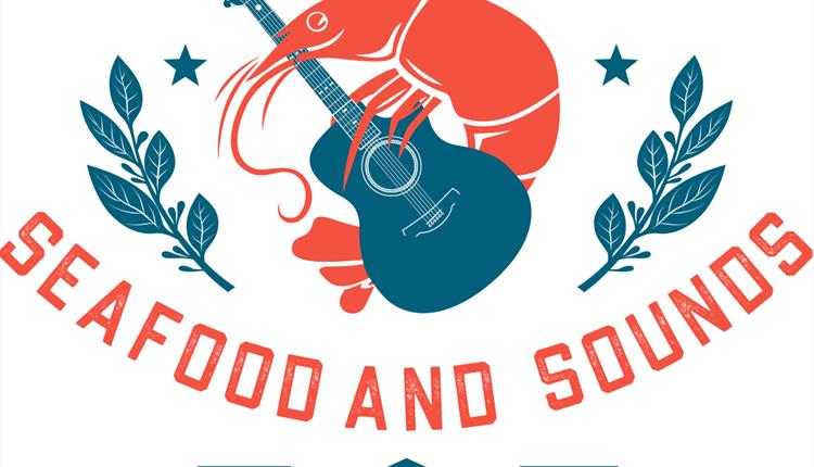 Seafood and Sounds promotional poster red prawn holding a navy guitar on a white background