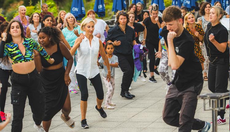 Crowd of people following a dance instructors lead