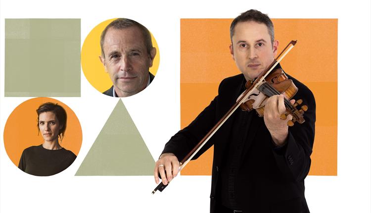 Two BSO musicians and conductor Mark Wigglesworth are pictured inside colourful graphic squares and circles.