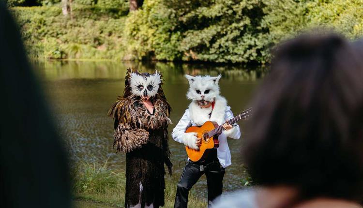 Two people dressed as an owl and a pussycat standing on a river band.  The cat is playing a guitar.  In the foreground is the back of a woman's head.