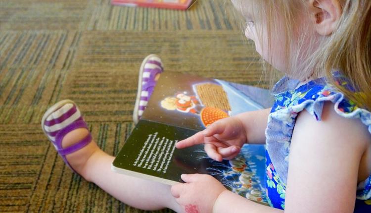 A young girl sitting on the floor reading a book