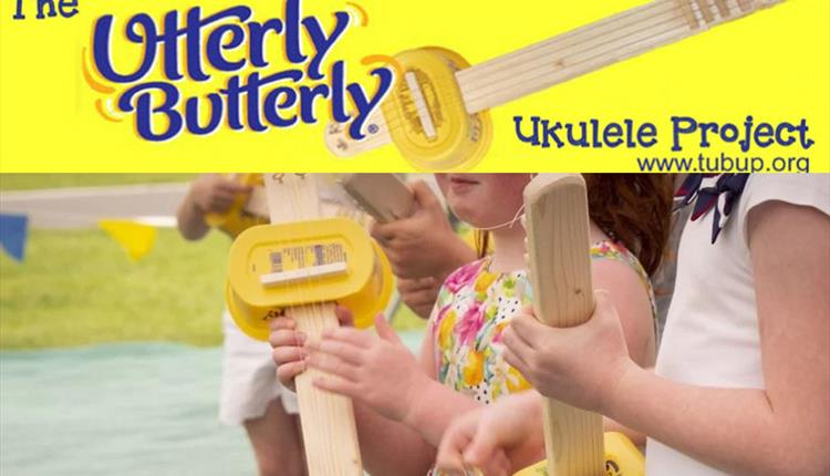 Utterley Butterley Project logo on yellow background with cut off images of children playing home-made ukuleles