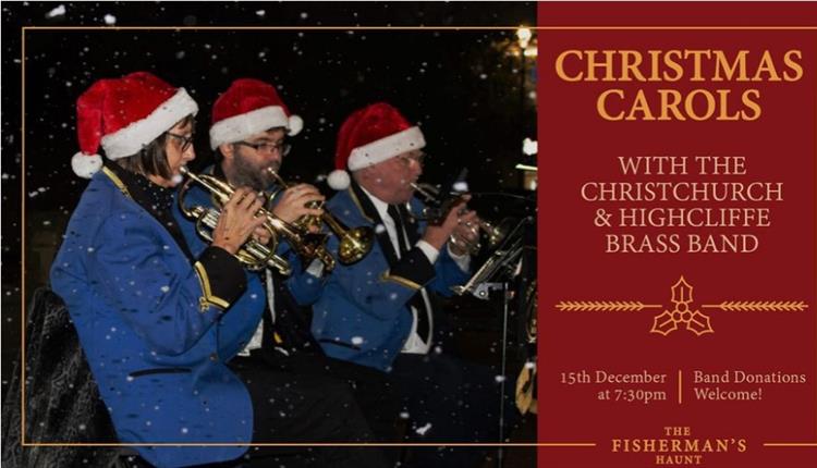 Christmas Carols Advert with three men with Santa hats on playing the trumpets